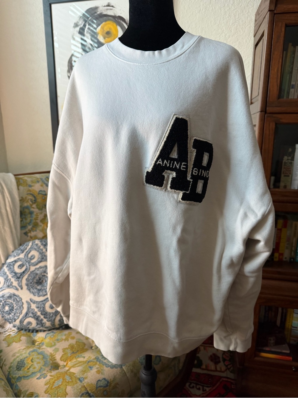 ANINE BING Miles Oversized Letterman Sweatshirt Off White L